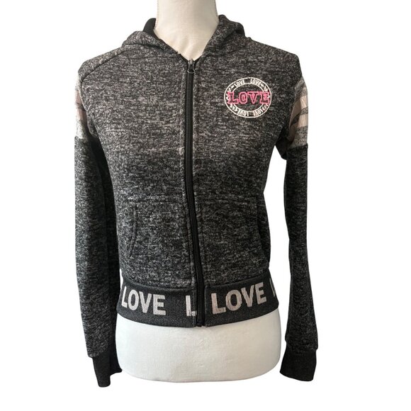 New Look Womens Gray & Pink Love Patch Cropped Zip-Up Hoodie W/ Striped Sleeves - Picture 1 of 13